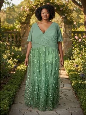 Green V-Neck Embroidered Tulle Evening Gown
